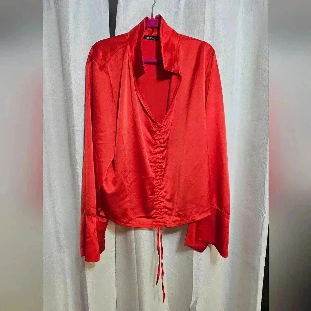 Plus Size Red Satin Blouse with Adjustable Front